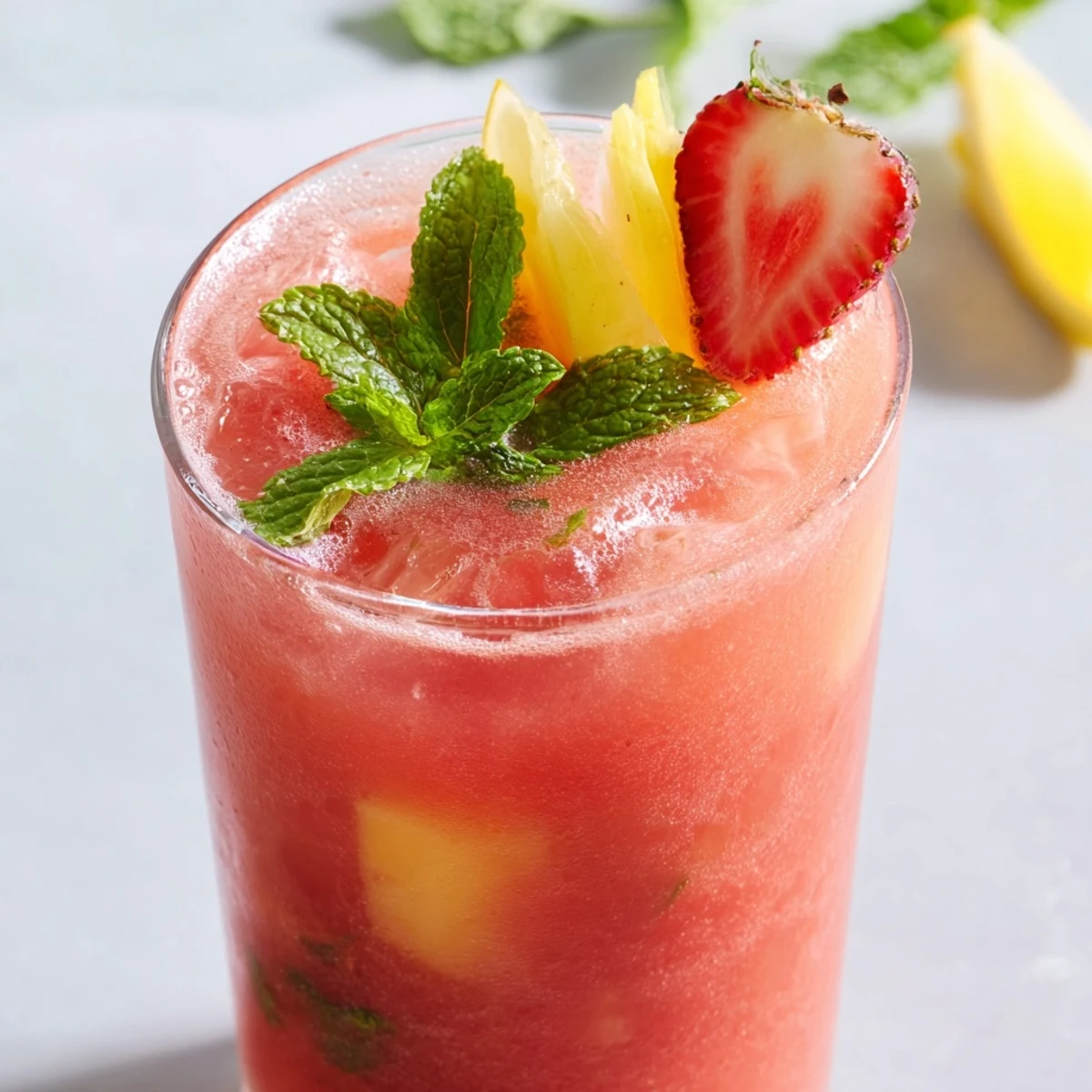 Cool, bubbly DIY fruit refresher drinks in glasses, garnished with mint and strawberries; so inviting!