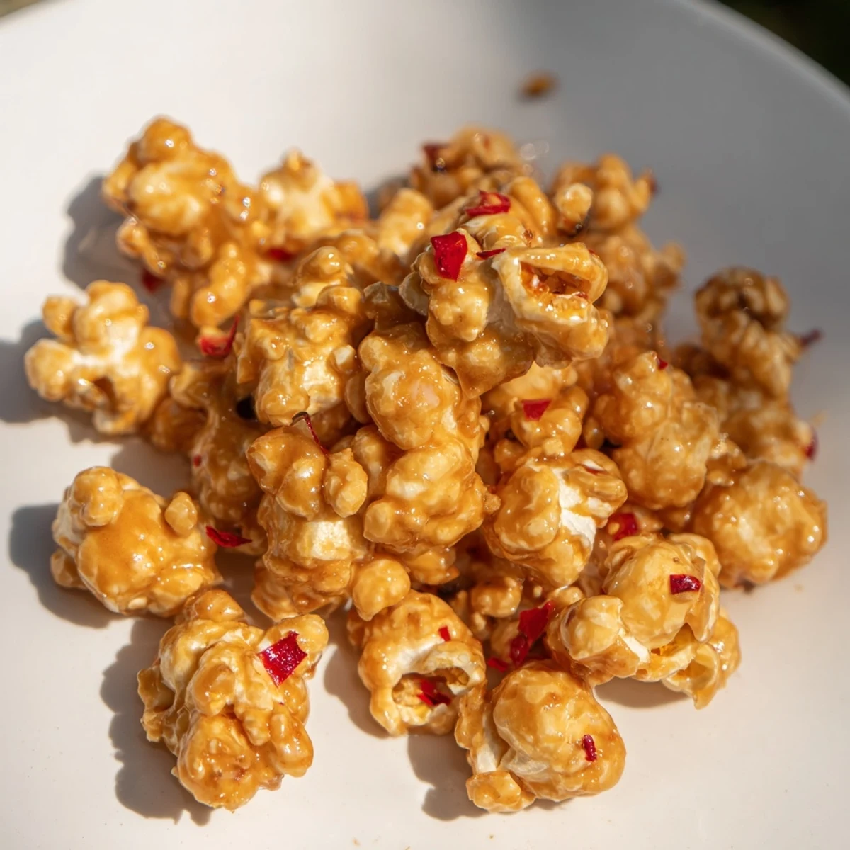 Golden, glistening photo of hot honey butter popcorn, a sweet and spicy snack.