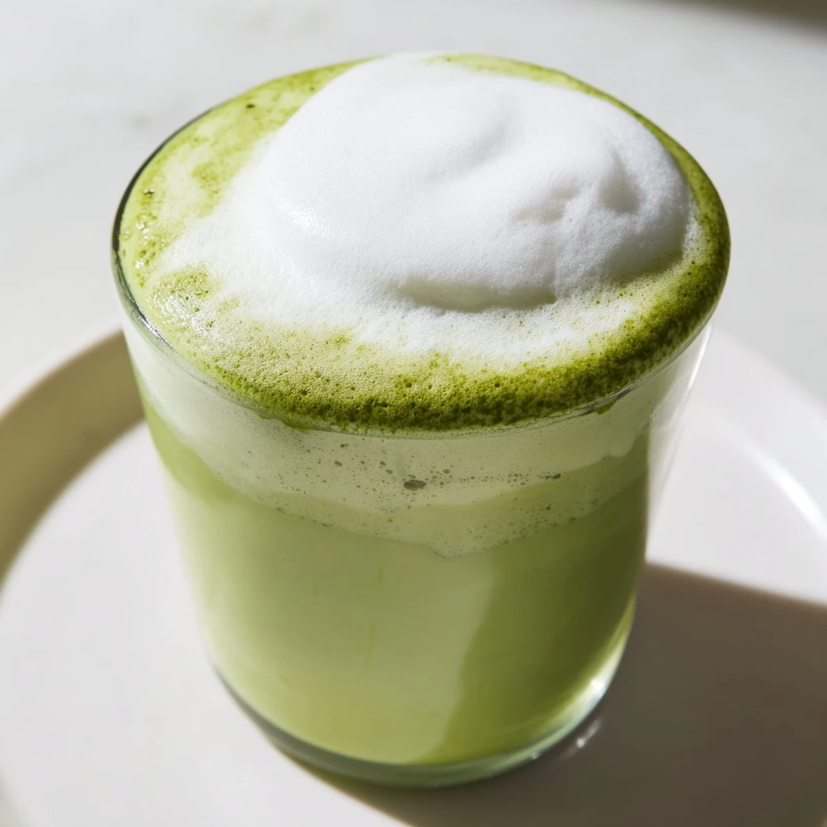 A close-up of a vibrantly green creamy matcha latte, ready to sip and enjoy.