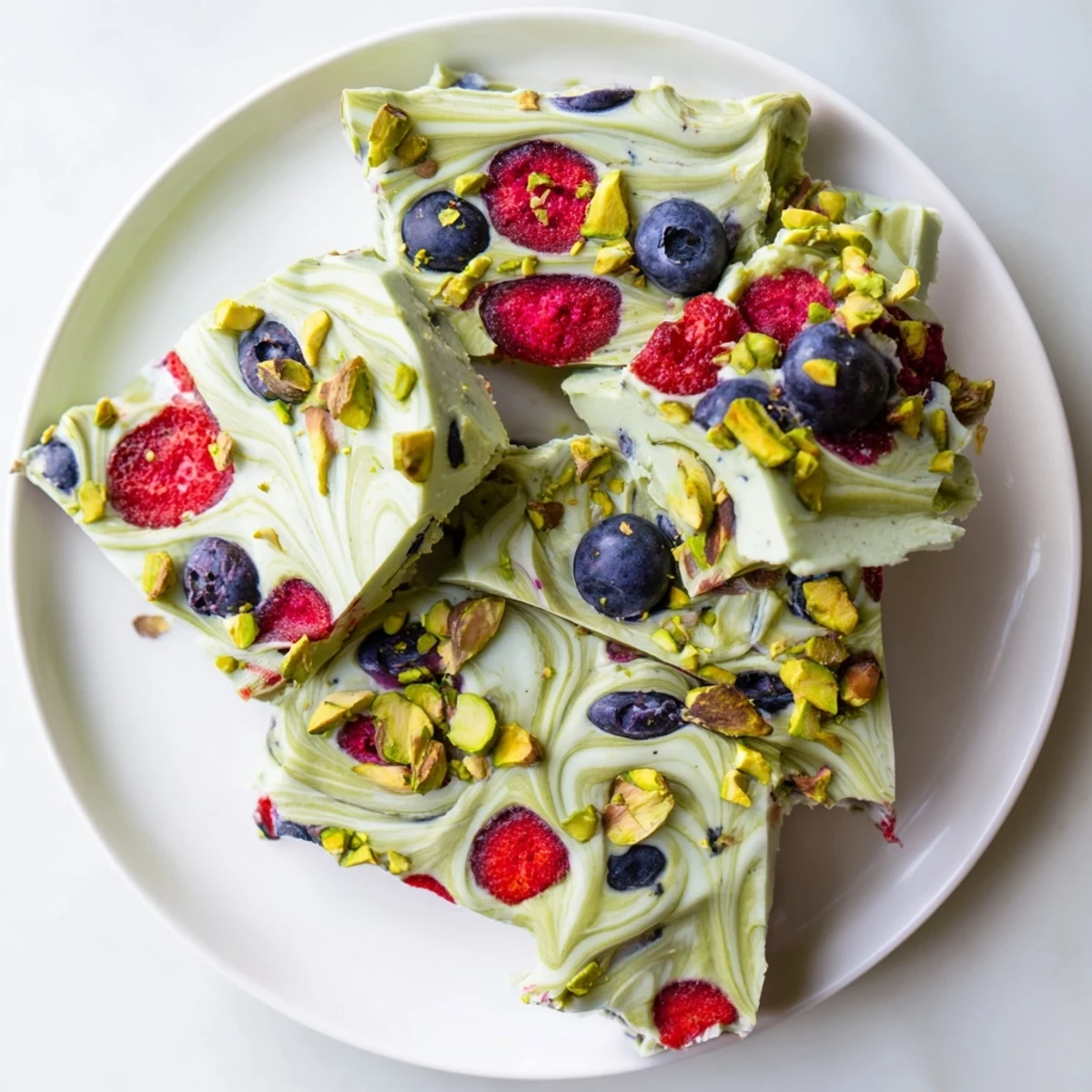 This colorful Frozen Yogurt Bark features a drizzle of pistachio cream on a frozen yogurt base.