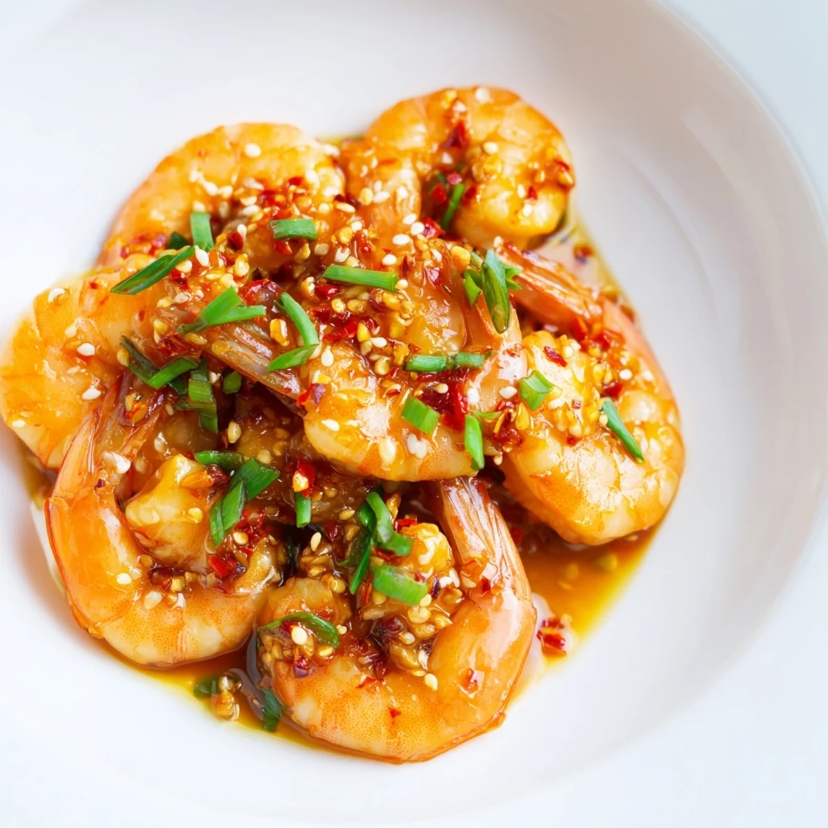 Korean Garlic Butter Shrimp sizzling in a pan, glistening with a vibrant sauce and chilies.
