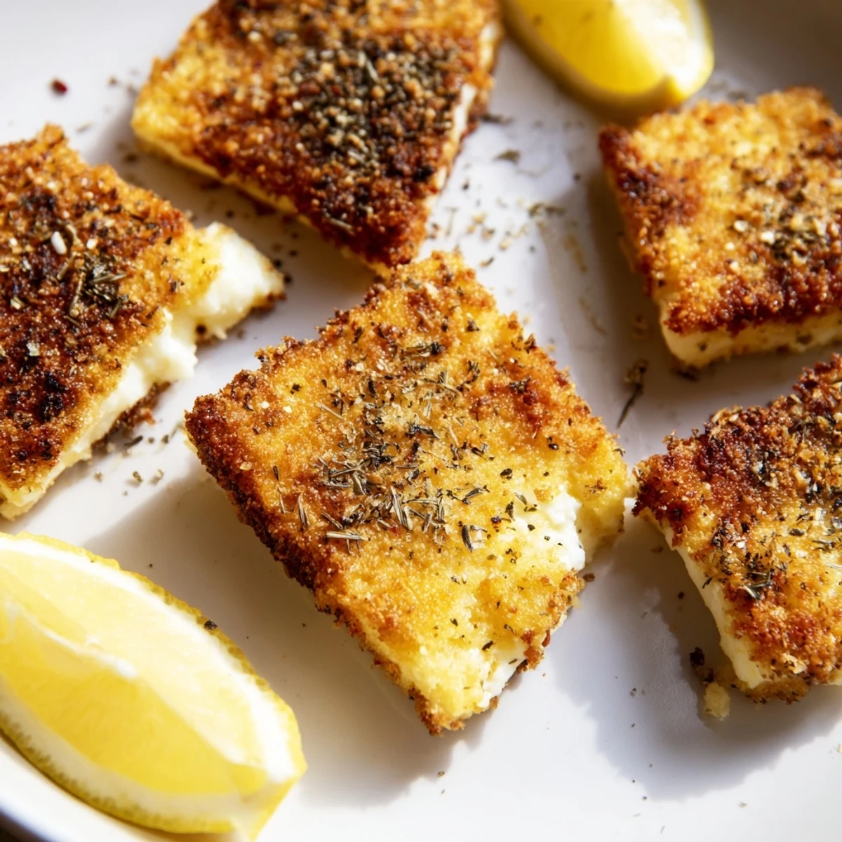 Golden-brown Greek Saganaki cheese appetizer, sizzling hot, ready to be squeezed with lemon.