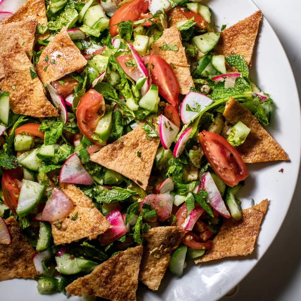A colorful Lebanese Fattoush Salad with bright vegetables and crunchy pita chips, ready to enjoy.