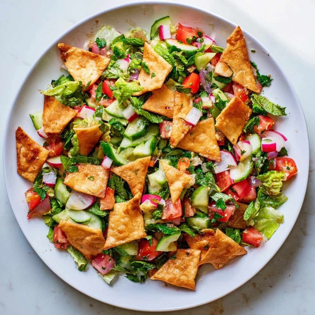 Crisp, refreshing Lebanese Fattoush Salad with vibrant tomatoes, herbs, and a tangy sumac dressing—delicious!