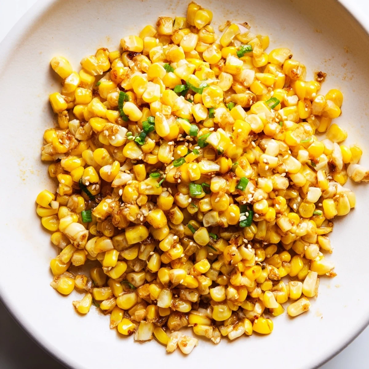 Golden, glistening Japanese butter corn with visible kernels and scallion garnish, ready to serve.