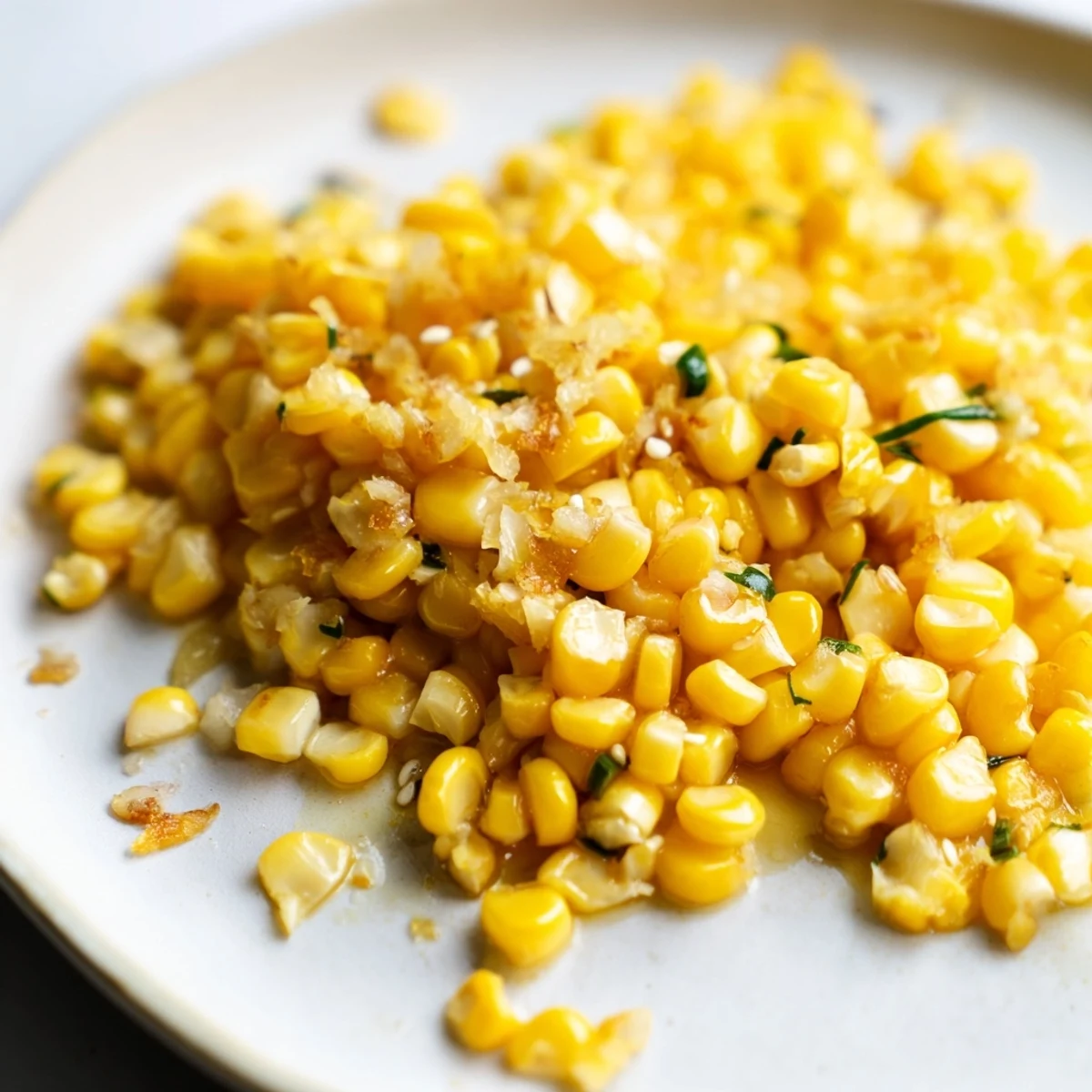 Close-up of savory Japanese butter corn; tender corn coated in glossy garlic-butter sauce.