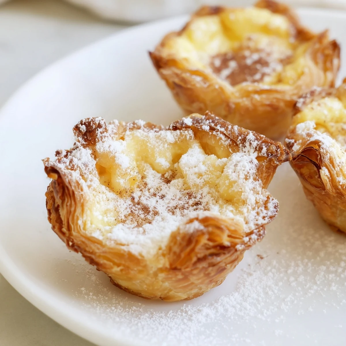 Golden-brown Portuguese egg tarts with flaky crusts and a perfectly set, creamy custard filling, ready to serve.