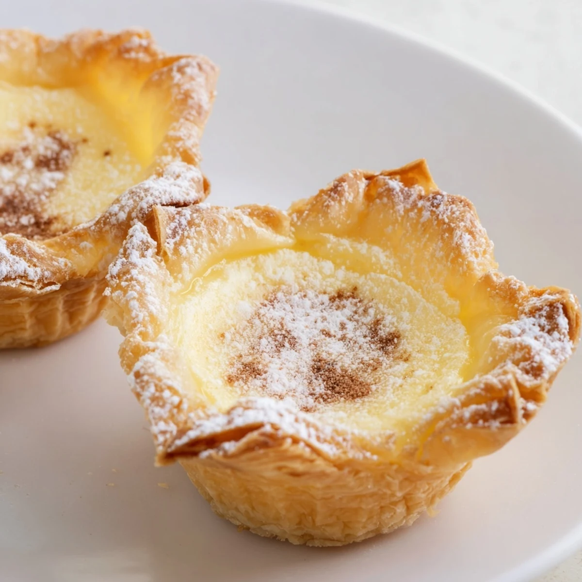 Warm Portuguese egg tarts, with a perfectly baked, silky custard spilling from crispy phyllo pastry cups.