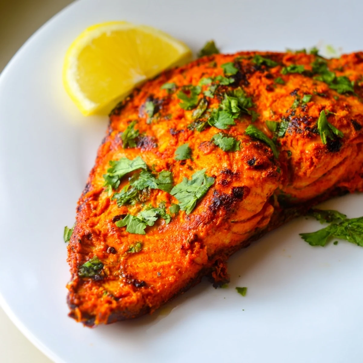 Tender Indian Tikka Salmon, served with lemon wedges; the salmon is coated in a rich, spiced marinade.