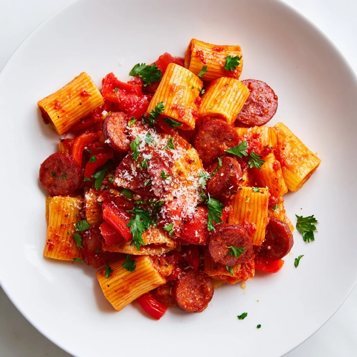 Vibrant Spanish chorizo pasta with perfectly cooked penne, a smoky tomato sauce, and fresh parsley garnish.
