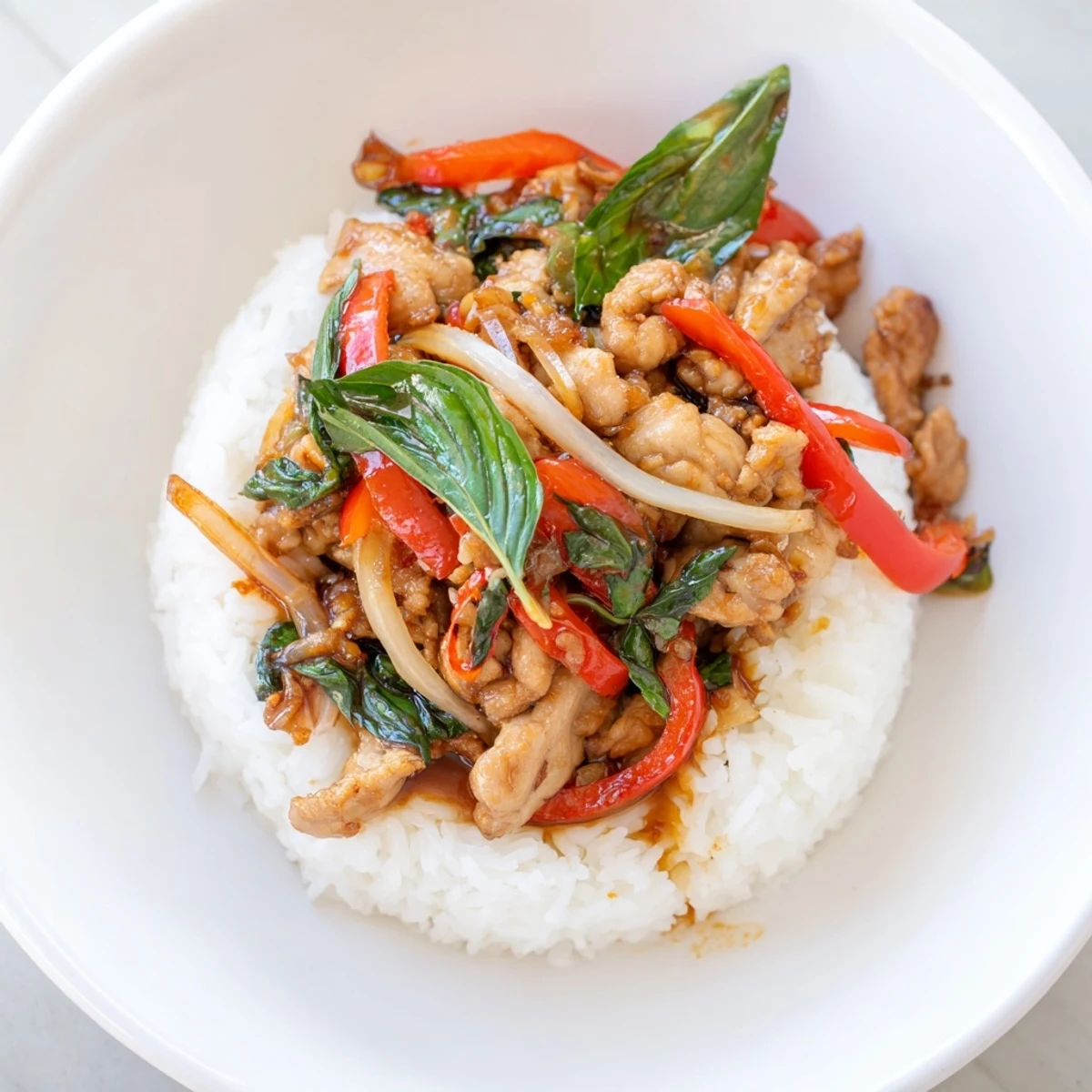 Steaming Thai Basil Chicken Bowls, a flavorful stir-fry with vibrant basil and tender chicken.