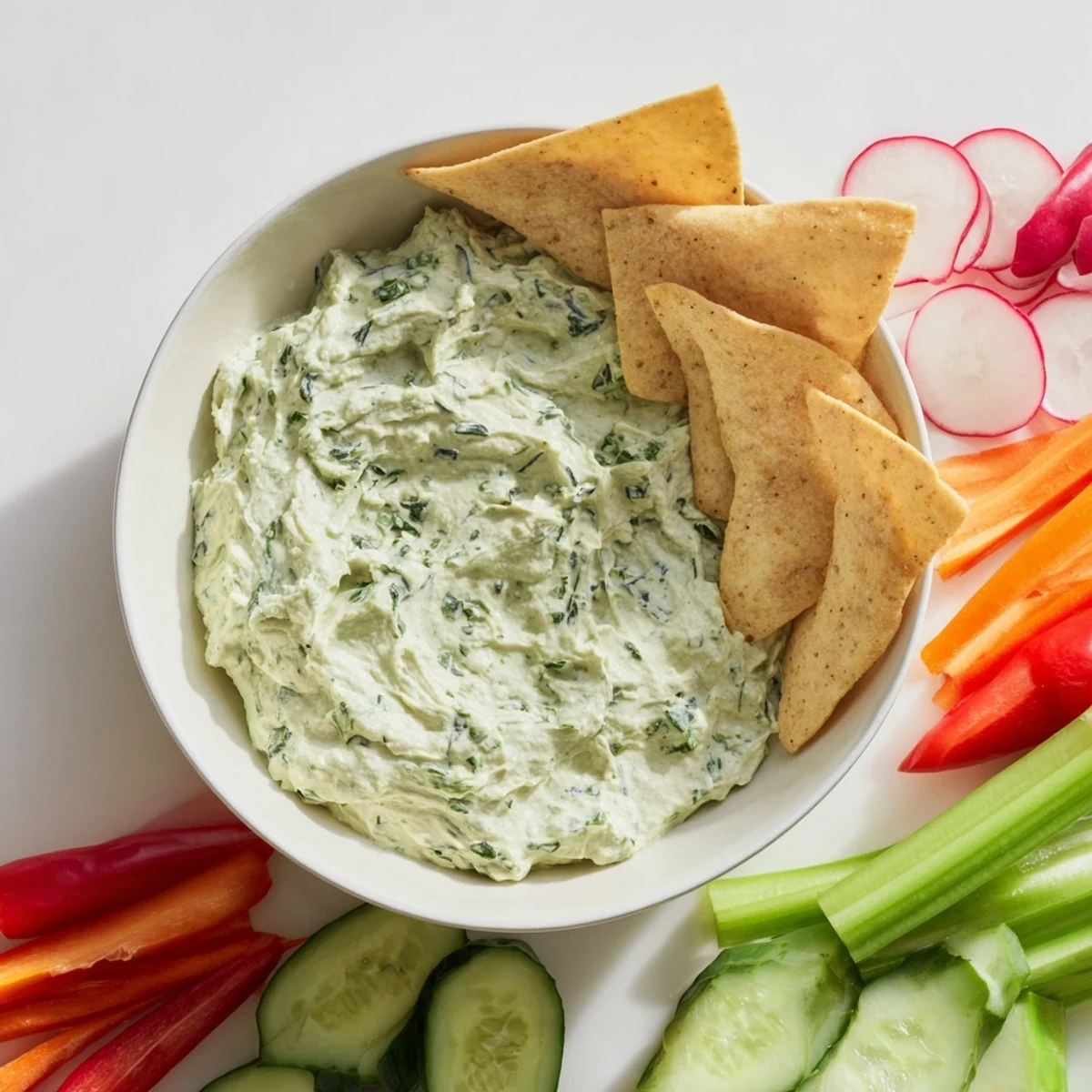 Green Goddess Salad Dip in a rustic ceramic bowl, featuring a rich green hue from basil and parsley, paired with an array of fresh crudités.