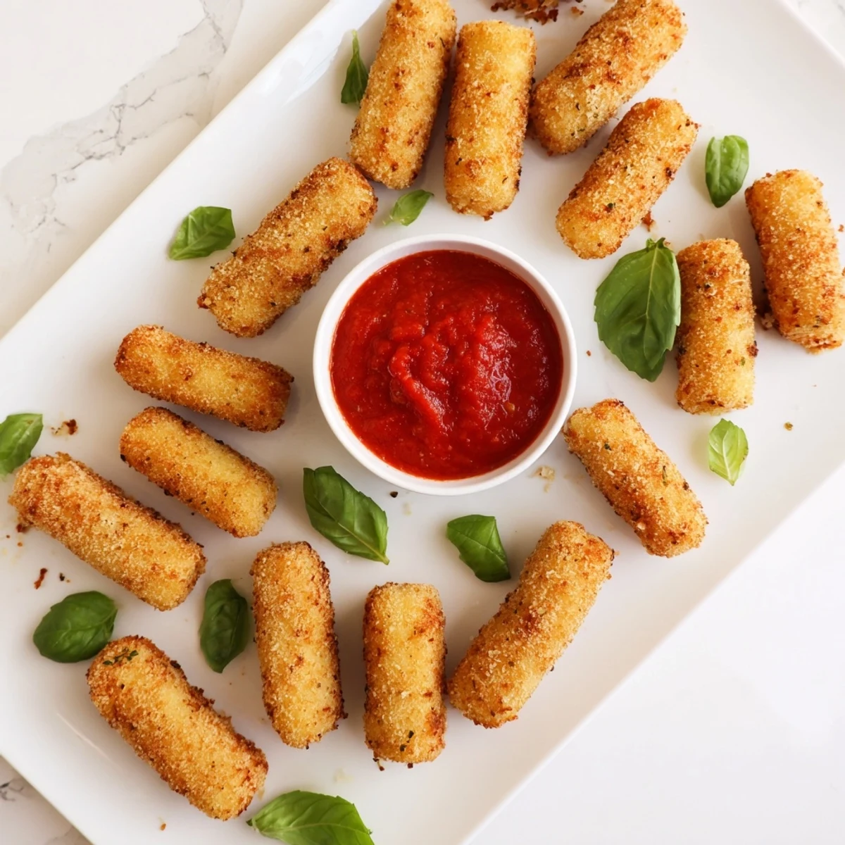 Perfectly cooked Air Fryer Mozzarella Sticks in the air fryer basket, showing crispy texture and ready to serve as an appetizer snack.