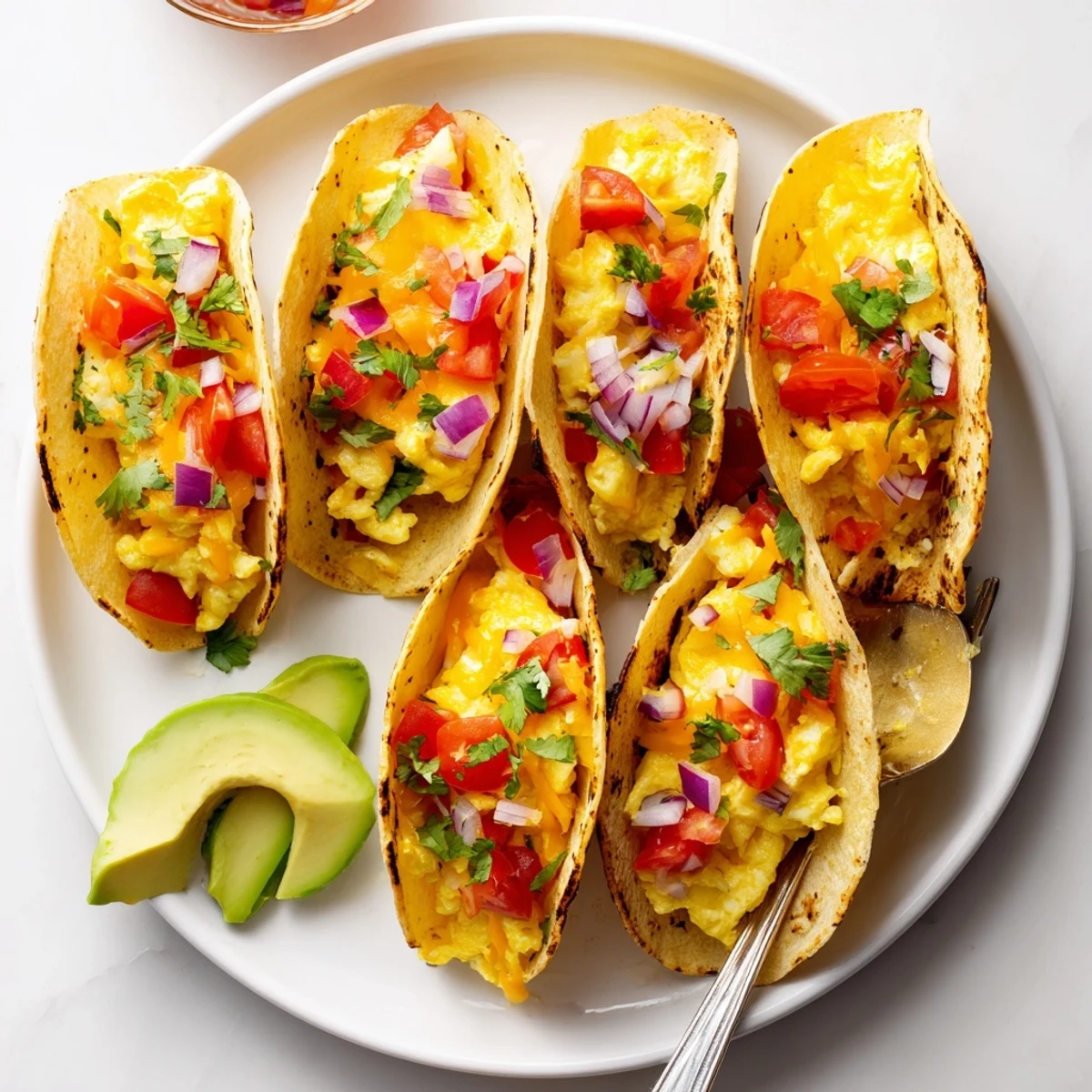 Golden Sheet Pan Breakfast Tacos are baked with fluffy eggs, melted cheese, and fresh toppings on a convenient single tray.