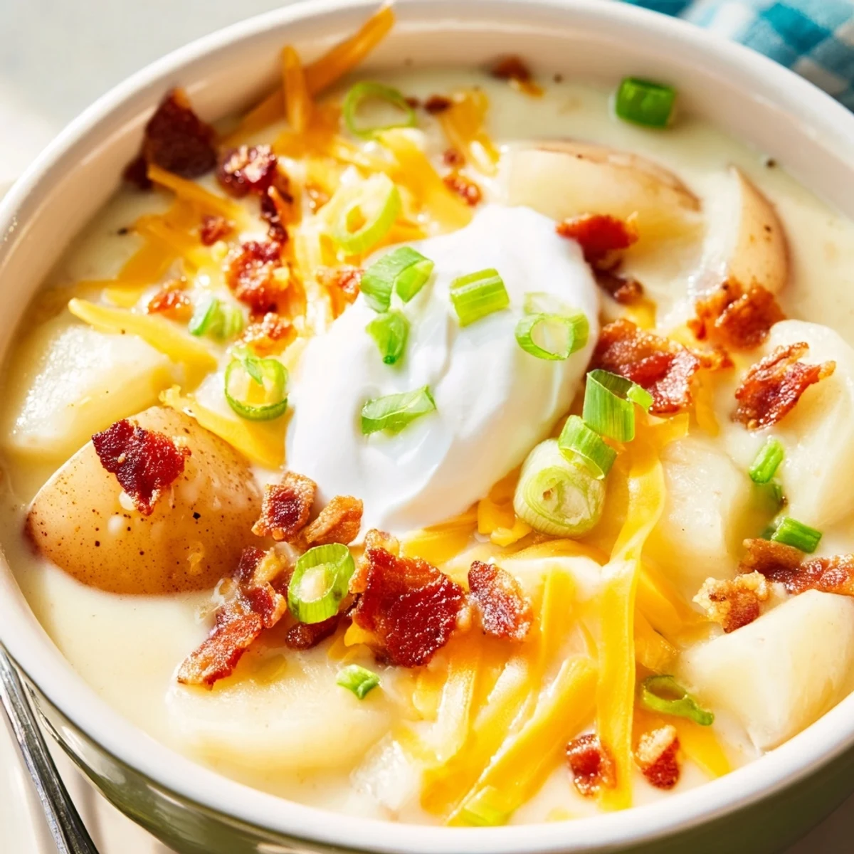 A pot of hearty Loaded Baked Potato Soup simmers, featuring tender potato chunks in a rich, savory broth.