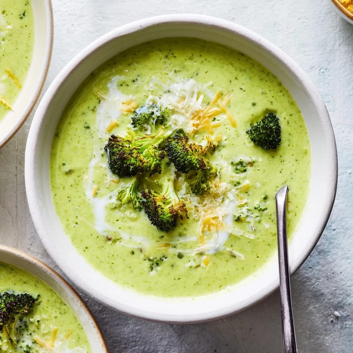 Freshly blended Broccoli Cheddar Soup served steaming hot, garnished with sharp cheddar and a pinch of black pepper.