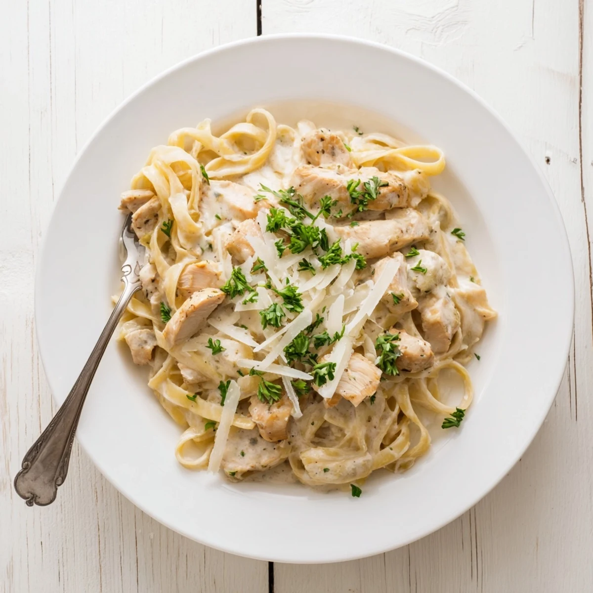 Comforting Skillet Chicken Alfredo recipe for weeknight dinners, topped with extra Parmesan and chopped parsley.