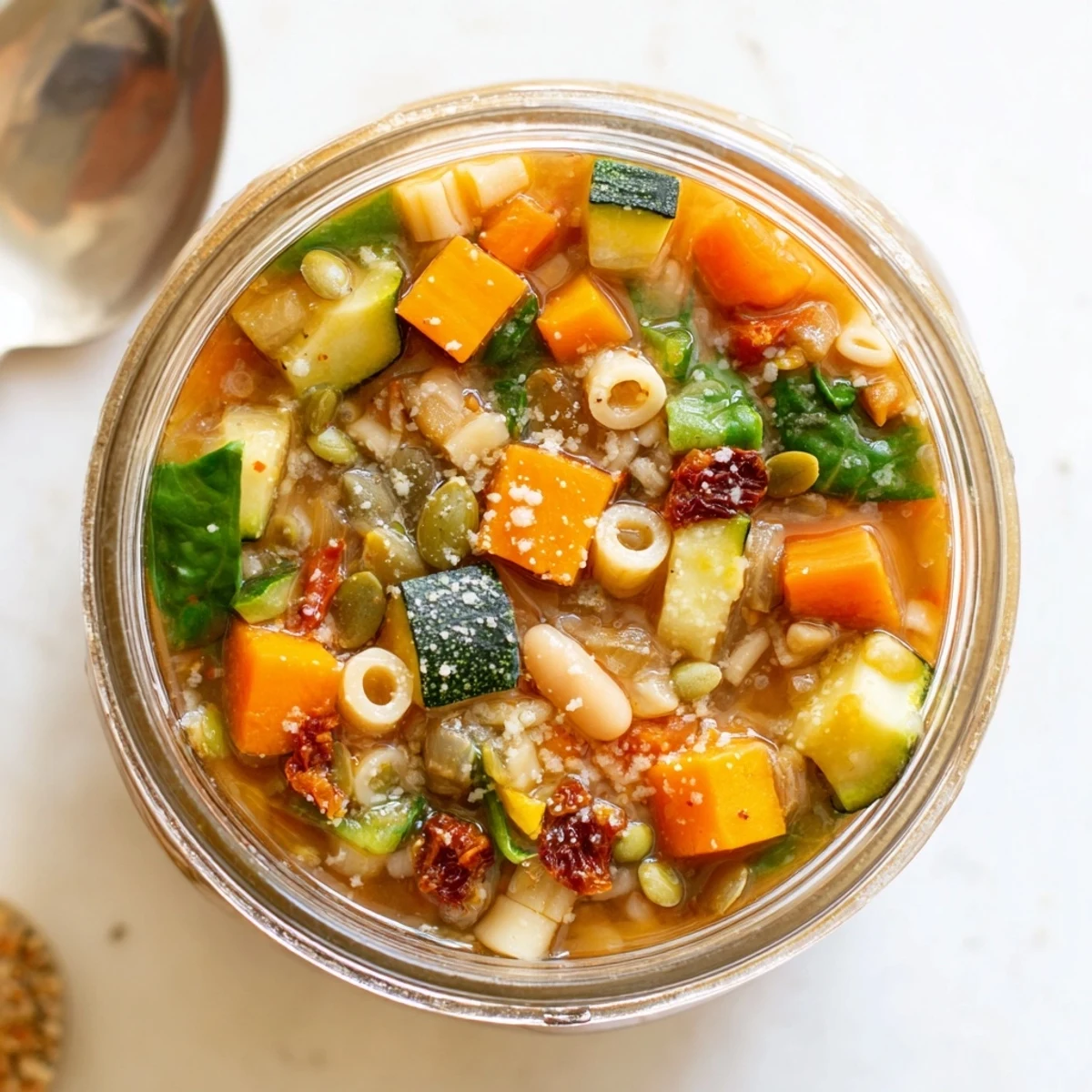 A close-up of Minestrone Soup in a jar, showcasing layers of diced carrots, celery, and zucchini above red lentils and pasta.