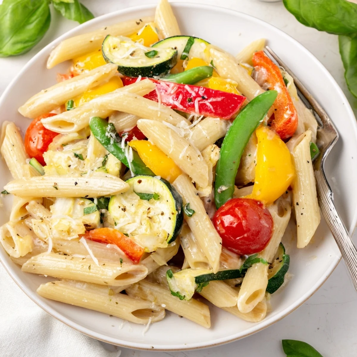 Steaming One-Pot Creamy Pasta Primavera in a pot, showcasing tender zucchini, bell peppers, and al dente pasta coated in a rich Parmesan cream sauce. 
