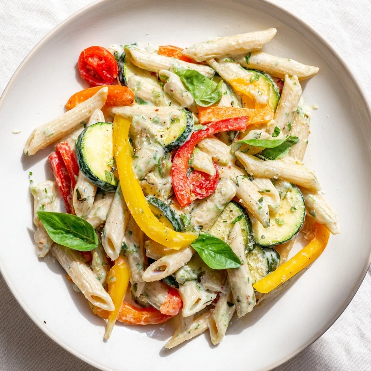 A vibrant serving of One-Pot Creamy Pasta Primavera with cherry tomatoes, snap peas, and fresh basil garnish, ready to enjoy from a cozy kitchen counter. 