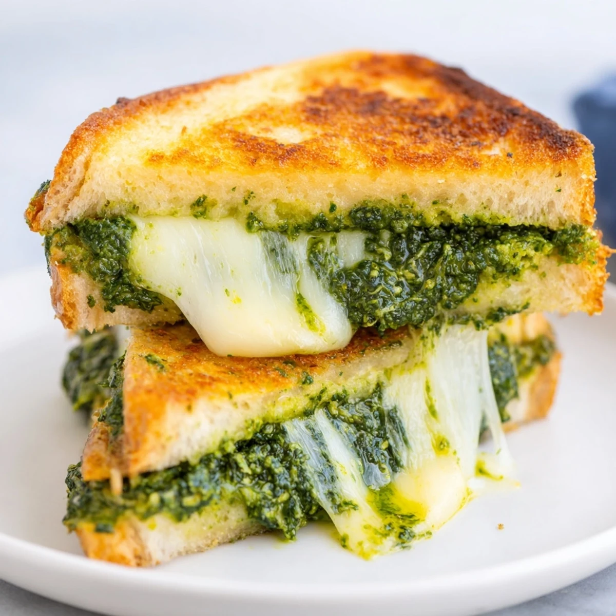 Golden-brown Spinach Pesto Grilled Cheese slices oozing melted mozzarella and cheddar on a rustic plate.  