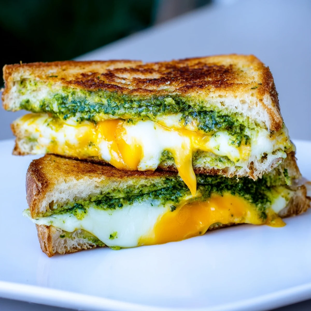 A close-up of Spinach Pesto Grilled Cheese with vibrant green pesto and crisp, buttery sourdough crust.  