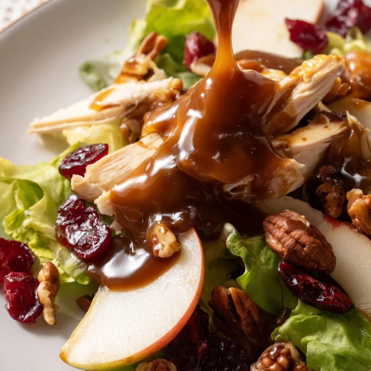 A vibrant plate of Caramel Apple Chicken Salad with tender chicken, crisp apple slices, and mixed greens, drizzled with caramel-pecan dressing.