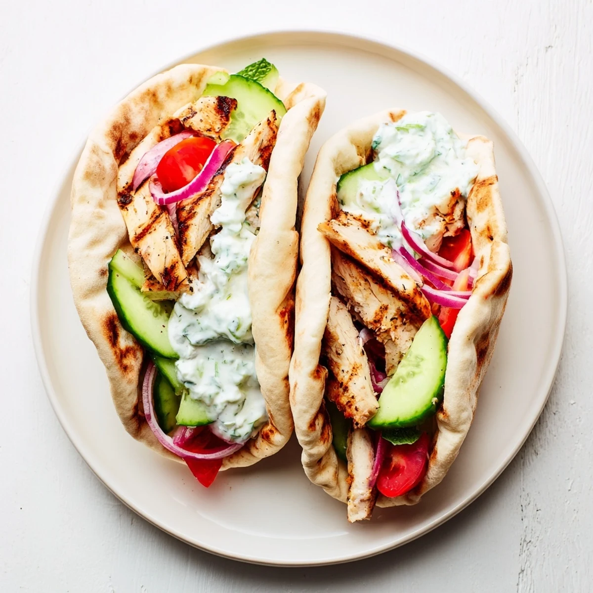 Folded Greek Chicken Wrap filled with charred chicken, cool cucumbers, and diced tomatoes, ready to be enjoyed as a fresh Mediterranean lunch.