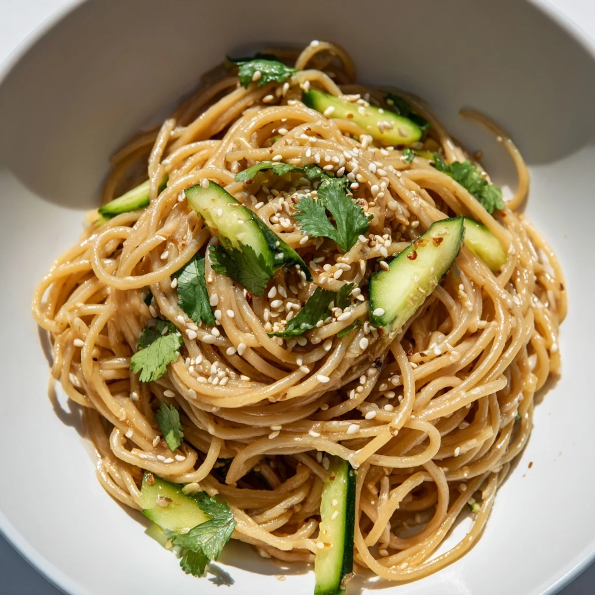 Chilled noodles coated in a spicy sesame soy dressing with crunchy cucumbers, peanuts, and fresh cilantro leaves.