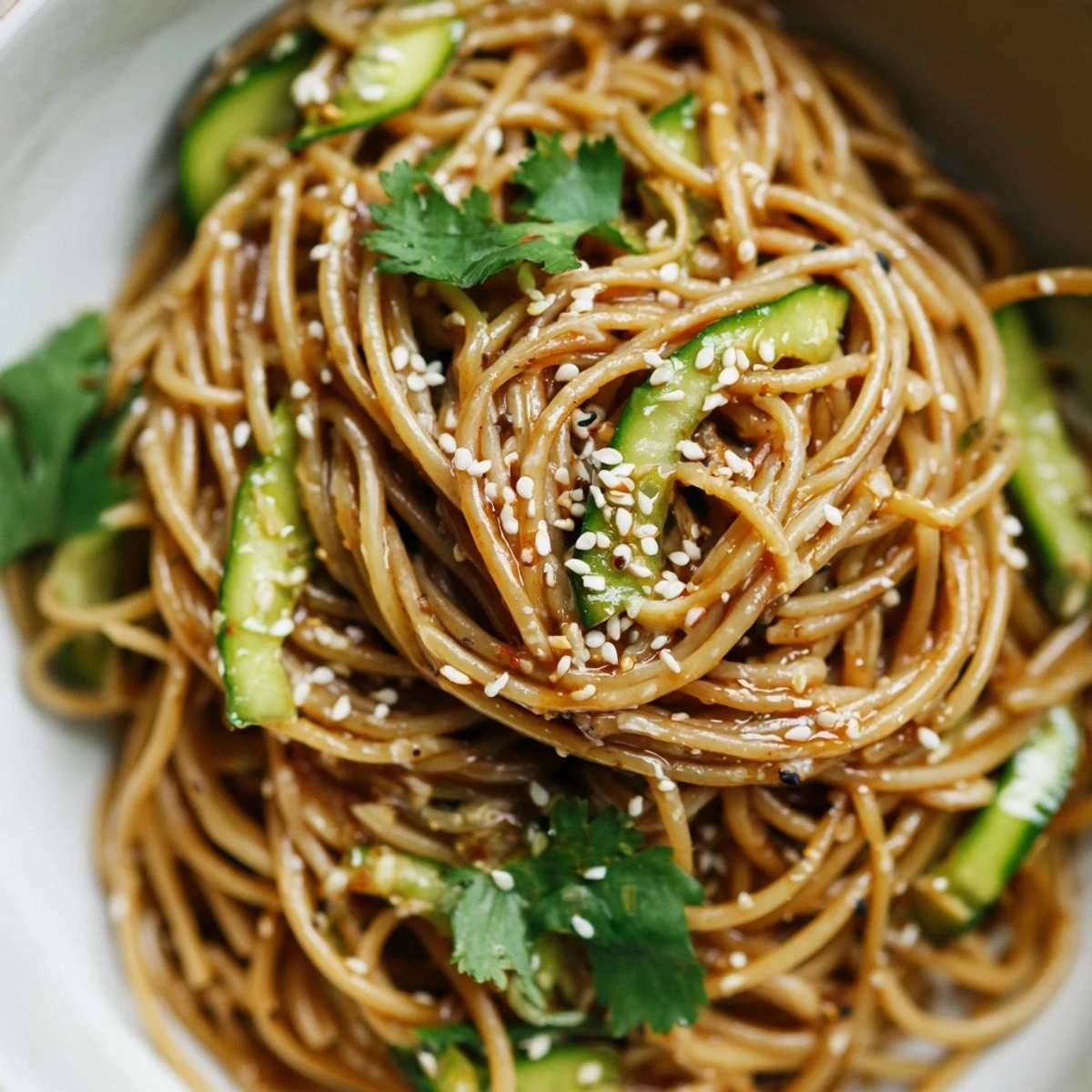 This spicy sesame noodle salad is garnished with toasted sesame seeds and sliced spring onions for vibrant color.