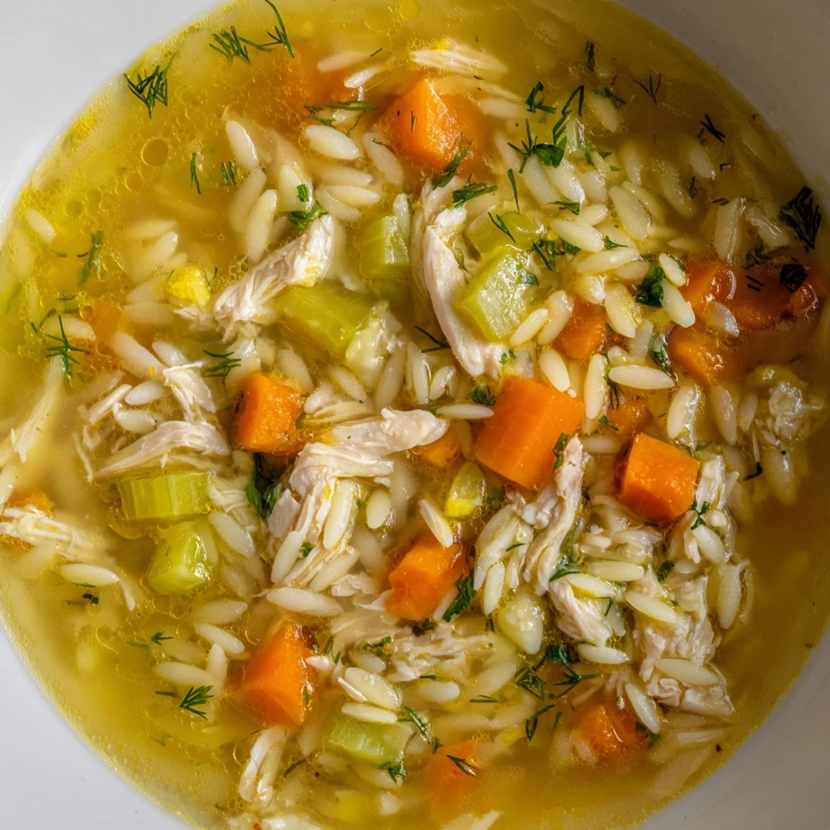 Bright, steaming bowl of Chicken Lemon Orzo Soup, with tender shredded chicken, orzo pasta, and fresh dill garnish.