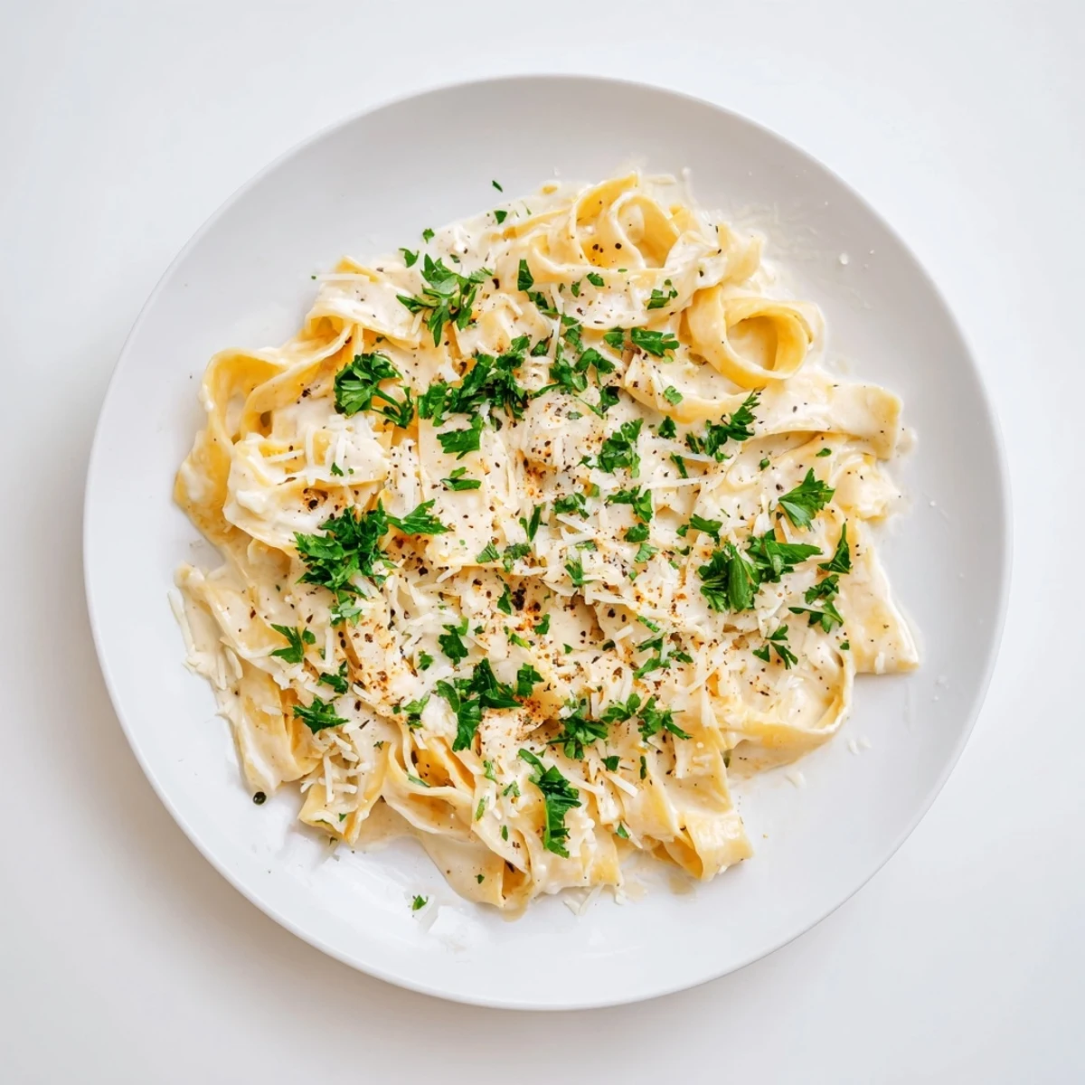 A rustic serving of Roasted Garlic Cream Pasta twirled on a fork, steam rising from the rich, Parmesan-infused sauce, set against a dark wood background.