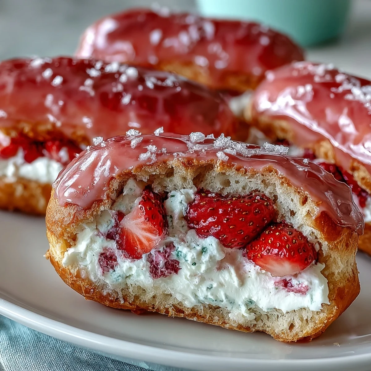 Valentines Day Strawberry Éclairs with pink glaze and fresh strawberry cream filling on a white plate.