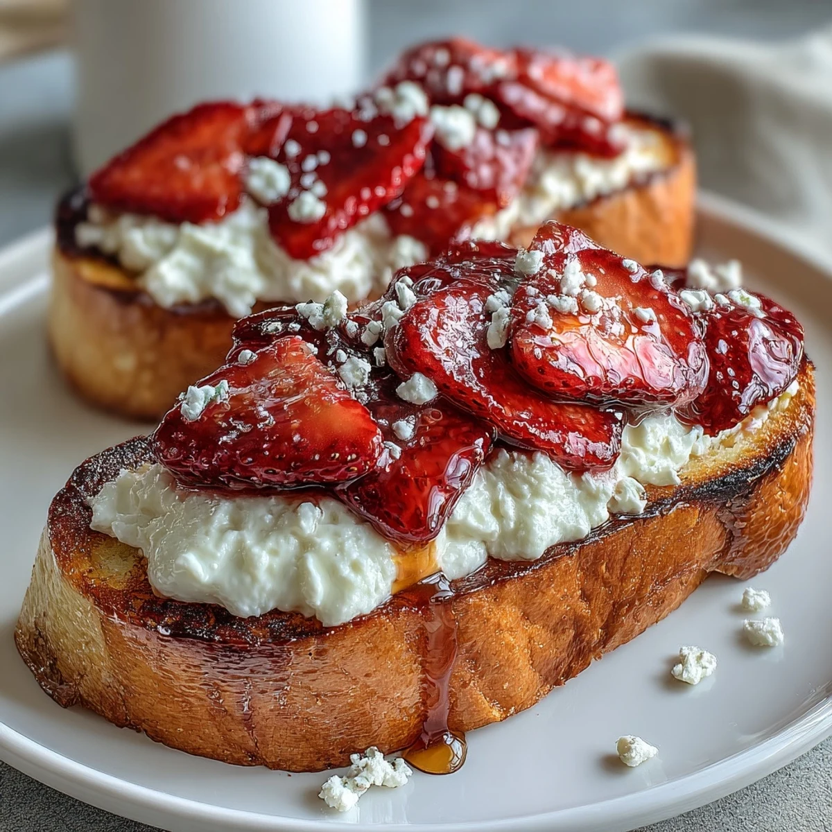 Strawberry ricotta toast with creamy cheese, fresh berries, and honey drizzle on golden sourdough.  