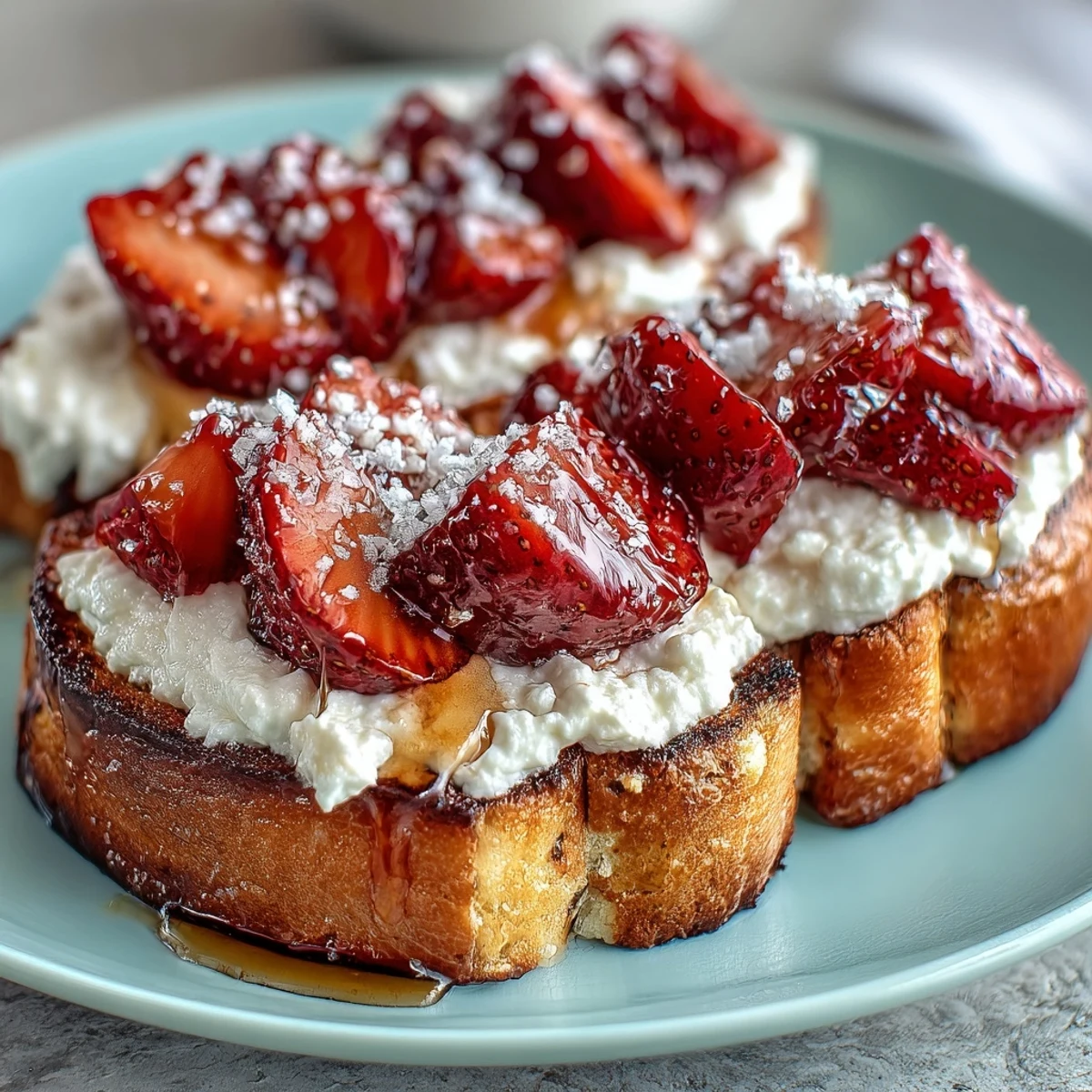 A colorful Galentines brunch plate featuring honey-sweetened ricotta, sliced strawberries, and mint garnish.  