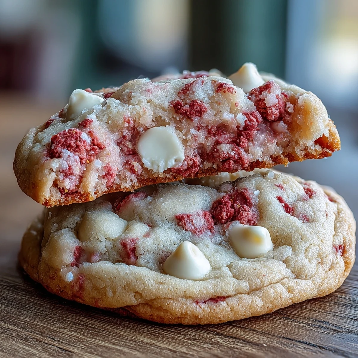 Valentine Strawberry White Chocolate Cookies on a pink plate, soft and chewy with visible white chocolate chips and crushed strawberries.