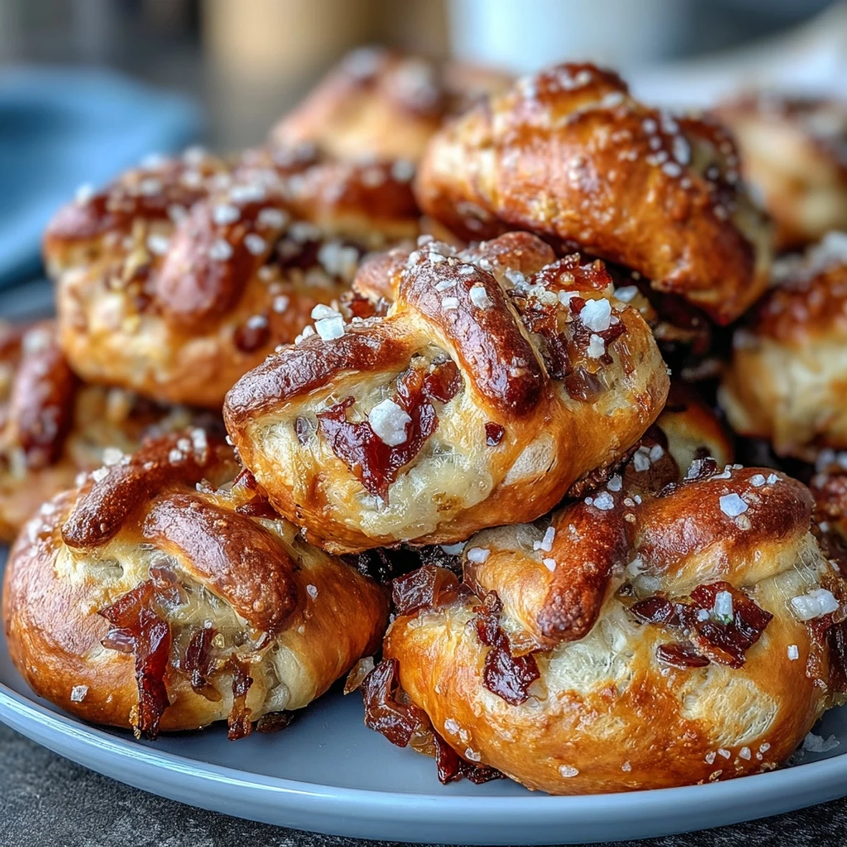 Golden sourdough pretzel bites with caramelized onions, baked to perfection and sprinkled with flaky sea salt for a savory snack.