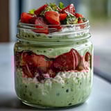 A jar of strawberry matcha latte overnight oats with vibrant red strawberries and green matcha layers, perfect for a healthy breakfast.