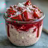 Creamy strawberry coconut overnight oats with juicy berries and a hint of vanilla in a jar.