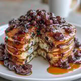 Fluffy oven-baked blueberry pancake casserole topped with fresh berries and dusted with powdered sugar.