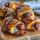 Golden-baked mini pigs in a blanket, flaky pastry-wrapped sausages, served with tangy honey mustard dipping sauce for game day snacking.  