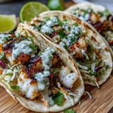 Coconut lime marinated fish tacos served in warm tortillas with zesty slaw and tangy crema for a bright, refreshing meal.  