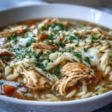 Creamy Greek avgolemono soup with tender chicken, orzo pasta, and bright lemon zest, garnished with fresh herbs.  