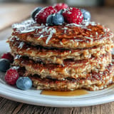Fluffy High Fiber Protein Pancakes stacked, ready for fresh berry toppings.