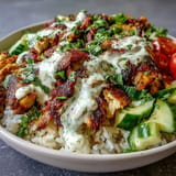 Savory chicken shawarma bowl ready to eat, drizzled with creamy tahini sauce.