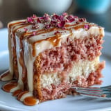 Pink velvet cake with rosé cream cheese frosting and beautiful gold accents.