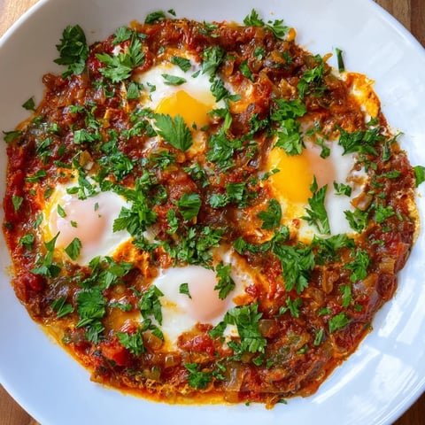 Vibrant Shakshuka: Poached eggs nestle in a rich, spiced tomato sauce, ready to be served.
