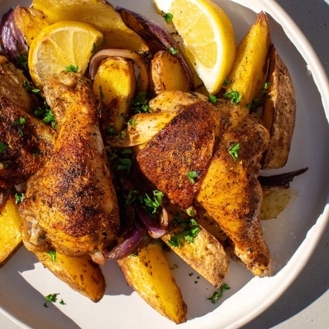 Golden, crispy Greek Lemon Chicken and Potatoes, beautifully garnished with fresh parsley and lemon wedges.