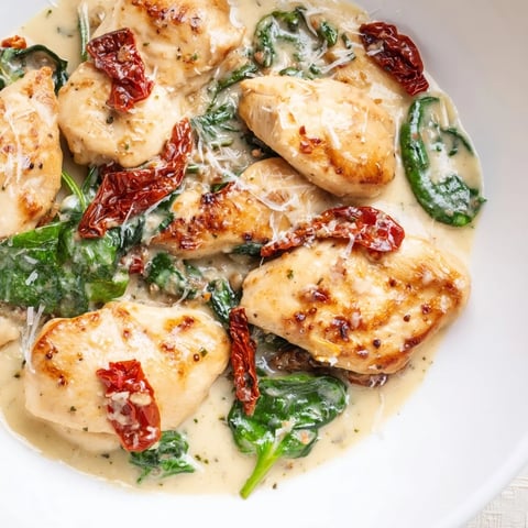 Creamy Tuscan Chicken simmering in a skillet, a perfect Italian-American dinner suggestion.