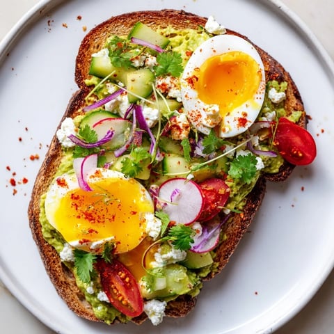 Creamy avocado is spread atop toasted bread for this loaded avocado toast recipe.